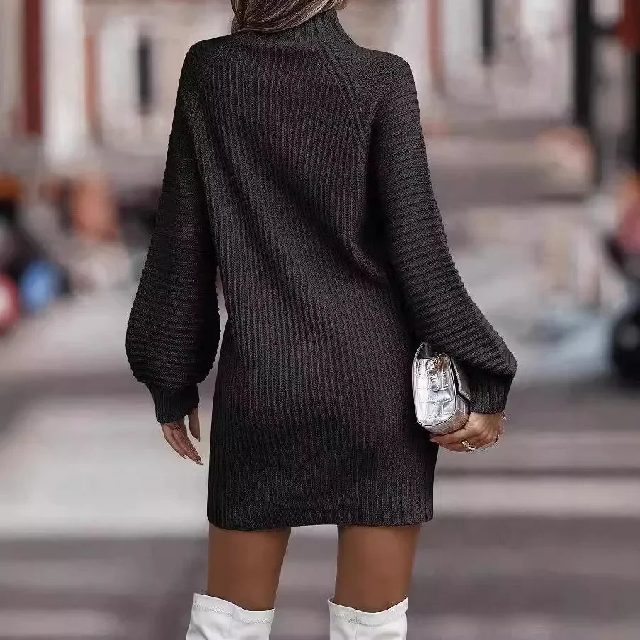High Neck Long Sleeve Women's Knitted Dress Sweater Autumn Winter New Style Cross-Border Fashion Elegant Classy Female Garment